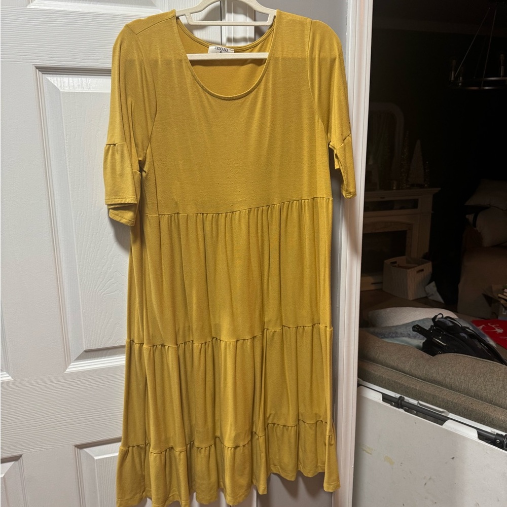 Zenana Outfitters Mustard Tiered Midi Dress